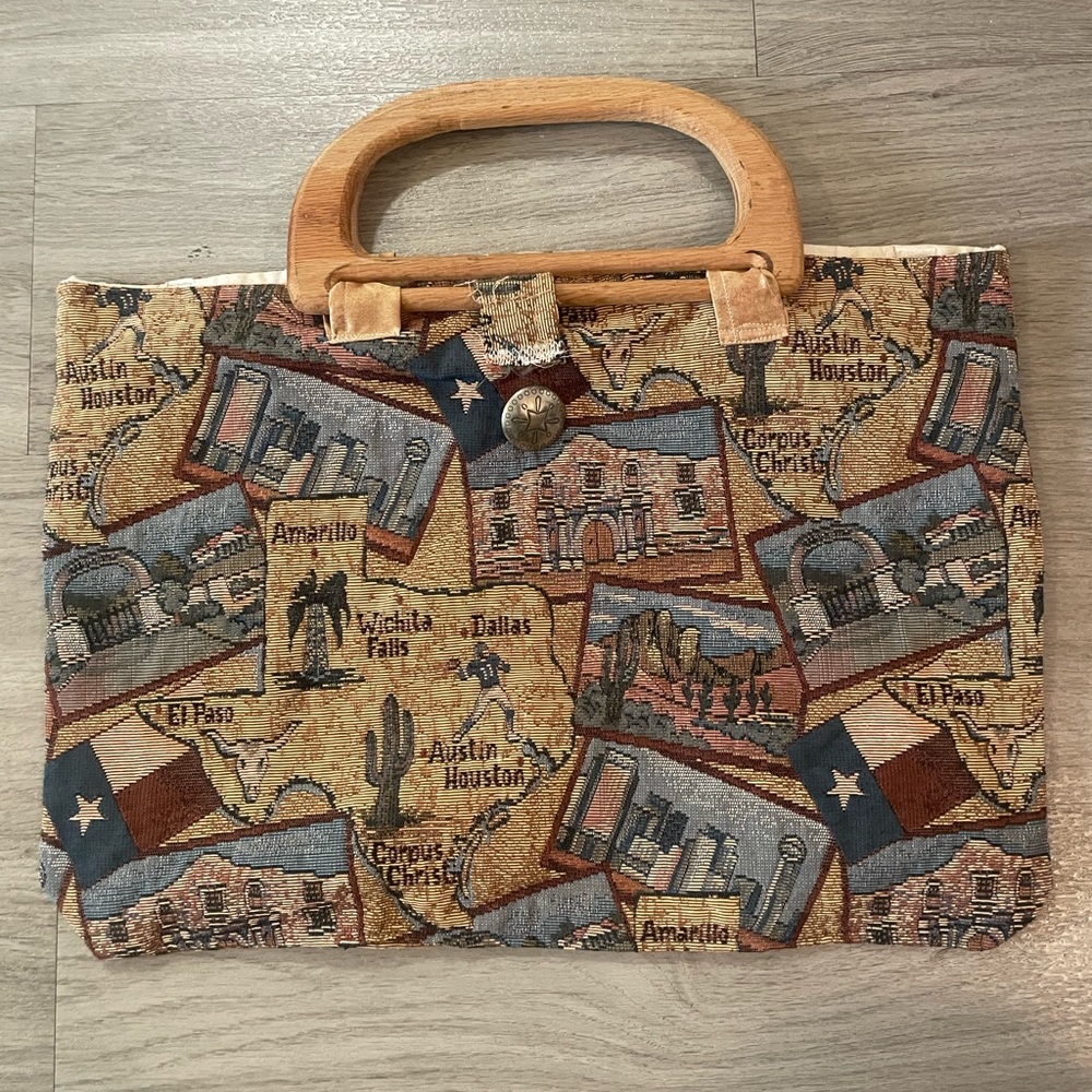 Vintage Texas Print Wooden handle bag purse